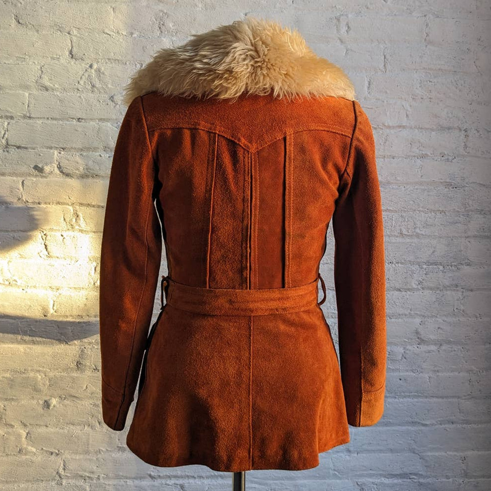 70s Vintage Orange Rusty Suede Coat Furry Penny Afghan Leather Groovy Fur Jacket - Picture 2 of 5